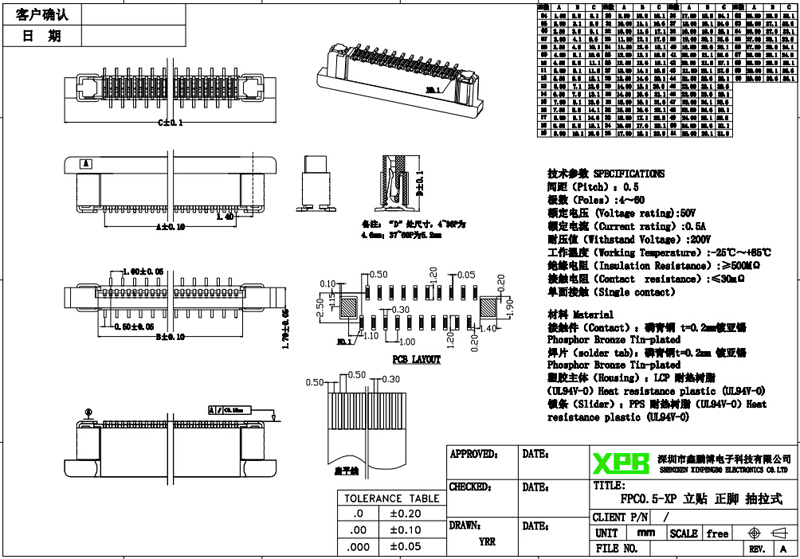 0.5mm間距FPC連接器規(guī)格書圖紙